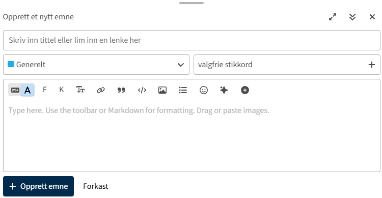 Vindu hvor du skriver innlegg og velger kategori.
