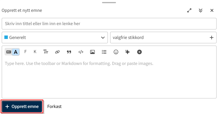 Rød ramme rundt knapp for opprett emne.