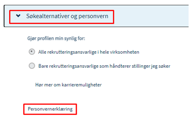 Bildet viser seksjonen Søkealternativer og personvern og personvernerklæring.