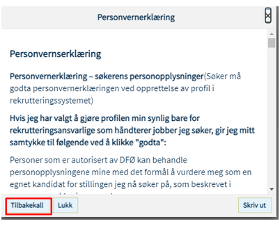 Bildet viser valget Tilbakekall i personvernerklæringen.