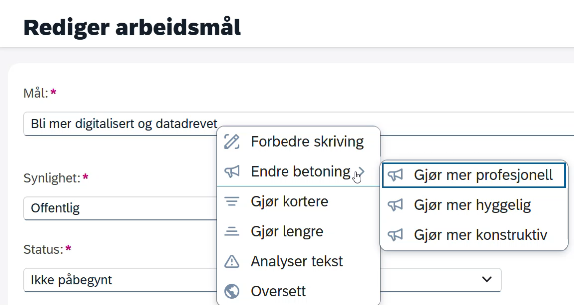 bilde som viser forhåndsdefinerte instrukser for skriveassistenten