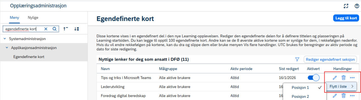 Bilde viser plasseringen av egendefinerte kort 