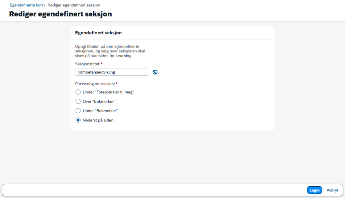 Bilde viser redigering av egendefinert seksjon