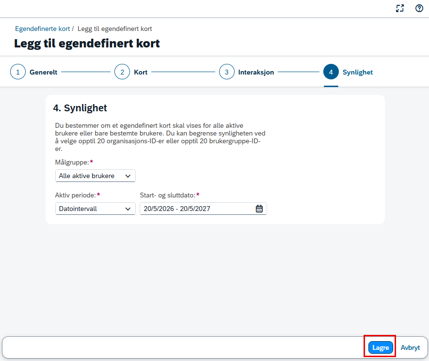Bilde viser valg for synlighet under egendefinert kort
