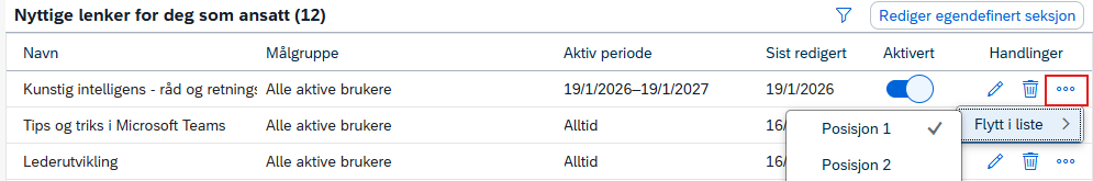 Bilde viser hvordan man angir rekkefølge for egendefinerte kort