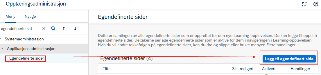 Bilde viser hvordan man oppretter en egendefinert side