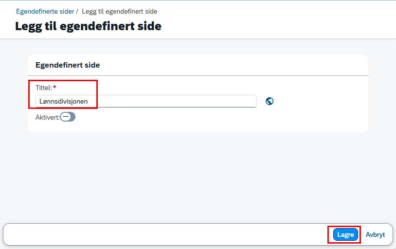 Bilde viser hvordan man legger til egendefinert side