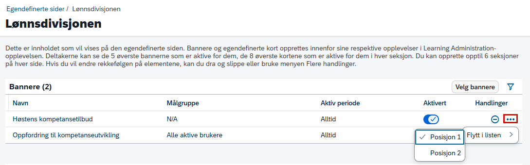 Bilde viser hvordan man kan endre rekkefølgen for visning av bannere til brukerne