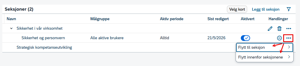 Bilde viser hvordan man kan flytte kort innenfor den samme seksjonen