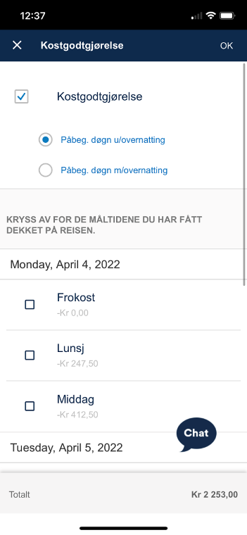 Bildet viser registreringsbildet for kostgodtgjørelse