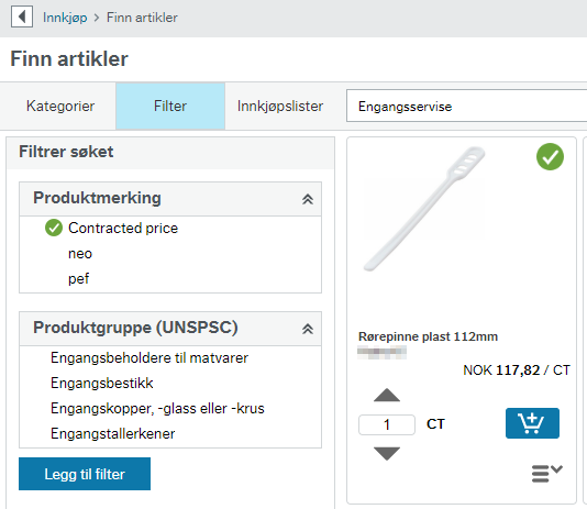 Skjermbilde finn artikkel, filtrering søk