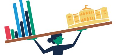 Illustrasjonen viser en vektstang med stolpediagram og Stortinget på hver side.