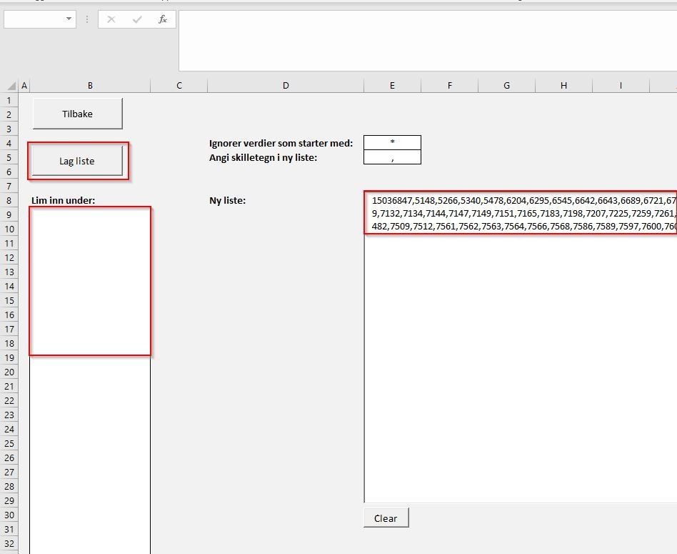 Skjermbilde av listefunksjon i excel sammen med eksempeltall.