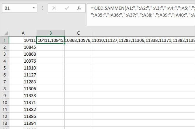 Skjermbilde av listefunksjon i excel sammen med eksempeltall.