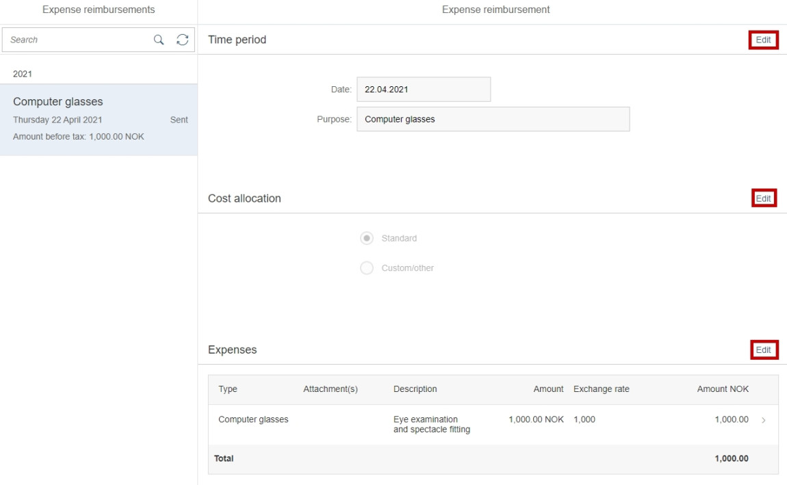 Image showing overview of expense reimbursement and edit buttons on the right side
