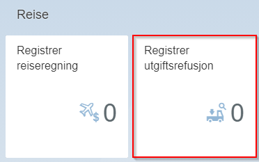 Skjermbilde av reise med to bokser for "Registrer reiseregning" og "Registrer utgiftsrefusjon". 
