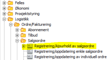 Skjermbilde av system med utheving av "registrering/Ajourhold av salgsordre.